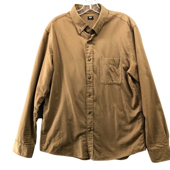 Uniqlo Lightweight Flannel Shirt Mens M Tan Brown Relaxed Cotton Button Down - Picture 1 of 8